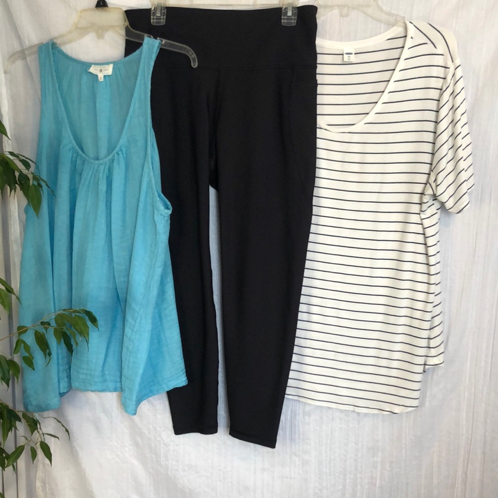 LOU GREY teal tank top SZ XL & OLD NAVY cream striped top & gray leggings SZ XL
